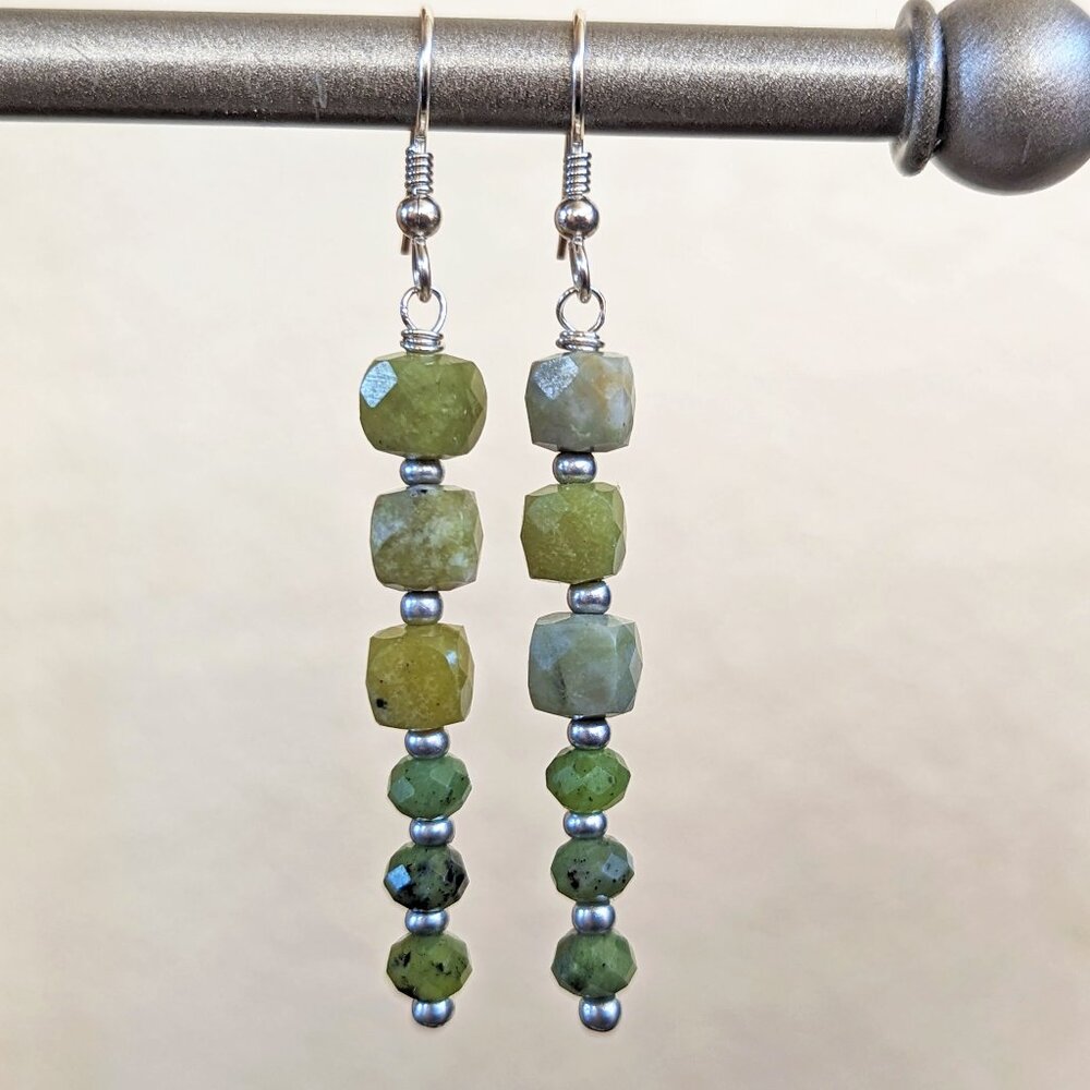 Sterling Silver Olive Green Jade Stacked Faceted Long Earrings